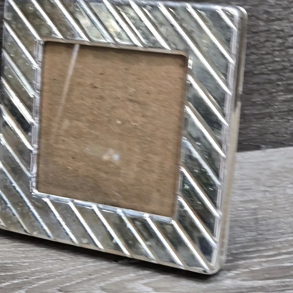 Vintage Silver Tone Metal Square Picture Frame 3x3 Tabletop Stand Art Deco Korea